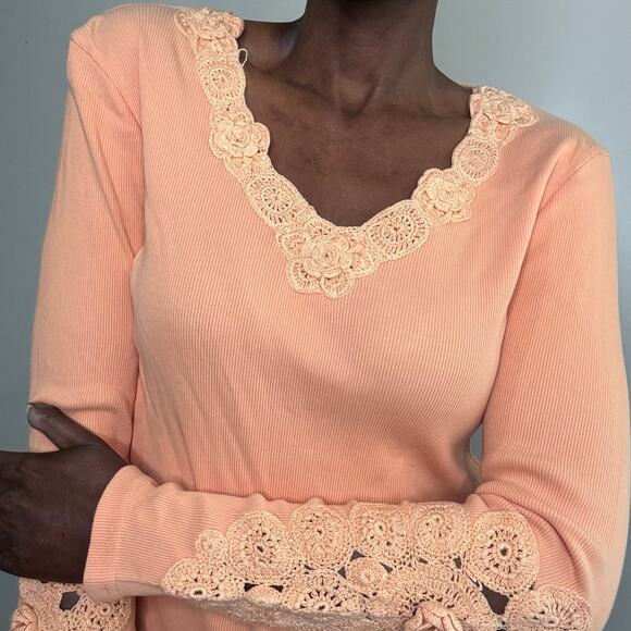 VINTAGE | Y2K Together Boho Crochet Detail Peach Cotton Long Sleeve Top - Picture 5 of 6